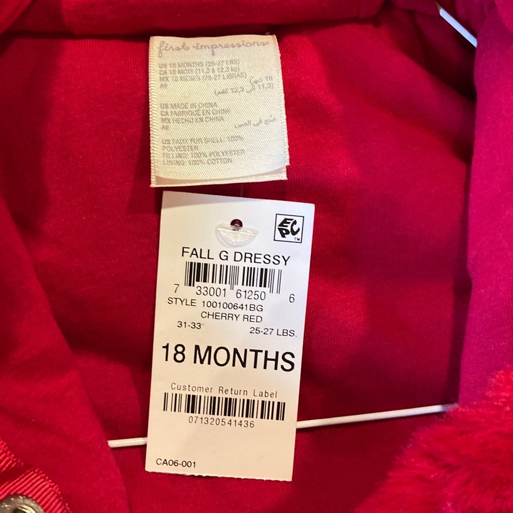 Girls First Impressions red long sleeve faux fur coat size 18 months - NWT - Picture 3 of 4